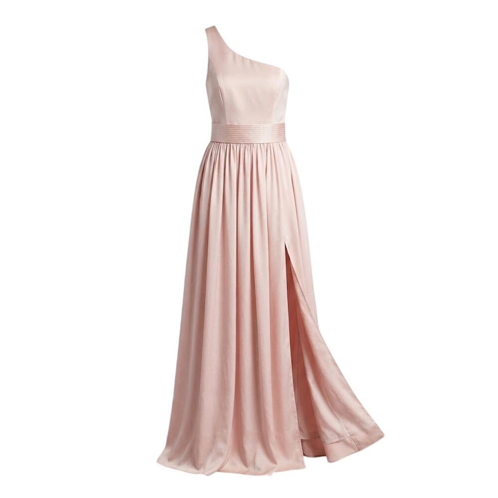 White Vera Wang One Shoulder Satin Cummerbund Slit Pink Gown